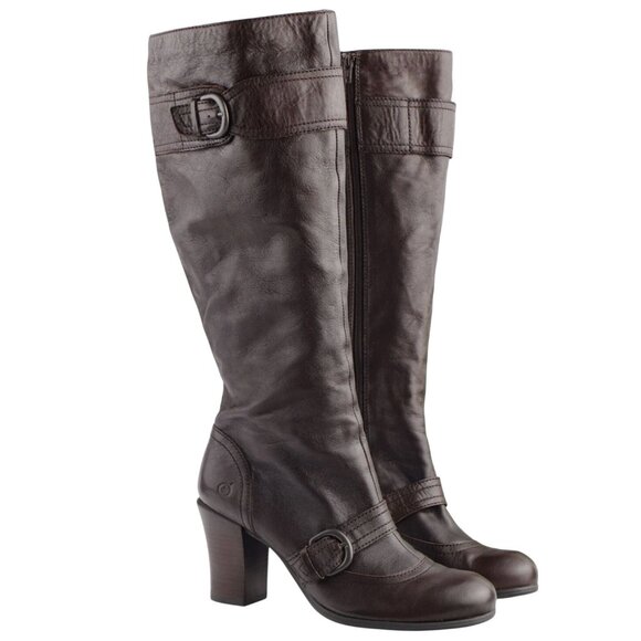 Born Alika Equestrian Buckle Detail Brown Leather Boots Size 8 Comfort Lined - Picture 1 of 16